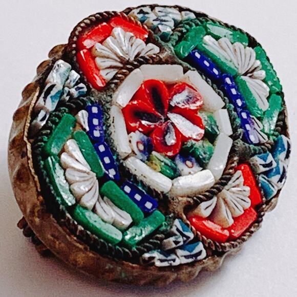 Vintage 1950s Italy Micro Mosaic Glass Floral Oval Brooch Pin Made In Italy MCM - Picture 6 of 14